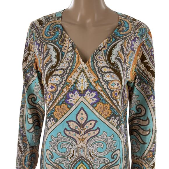 J. McLaughlin Orange Paisley Damask V Neck Tunic Top - Picture 3 of 8